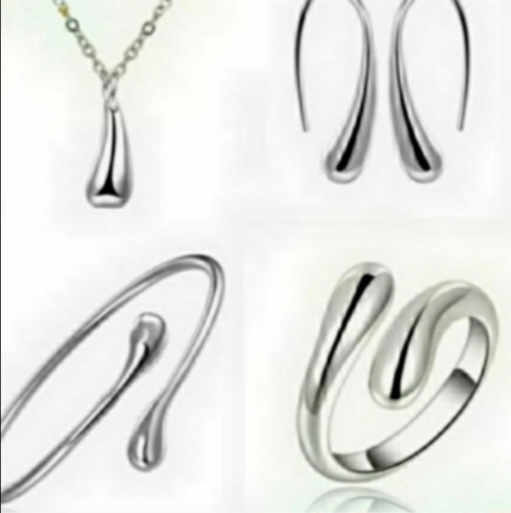 925 Sterling Silver Waterdrop Jewelry Set Bracelet Necklace Earrings and Ring - Picture 4 of 7